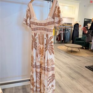 Boho Floral Print Cream and Tan Maxi Dress